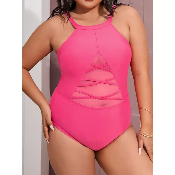 imageCUPSHE Plus Size Swimsuit Women One Piece Swimsuit High Neck Low Back Mesh Adjustable Straps Bathing SuitRose Red