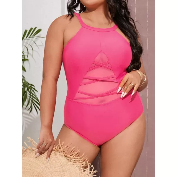 imageCUPSHE Plus Size Swimsuit Women One Piece Swimsuit High Neck Low Back Mesh Adjustable Straps Bathing SuitRose Red