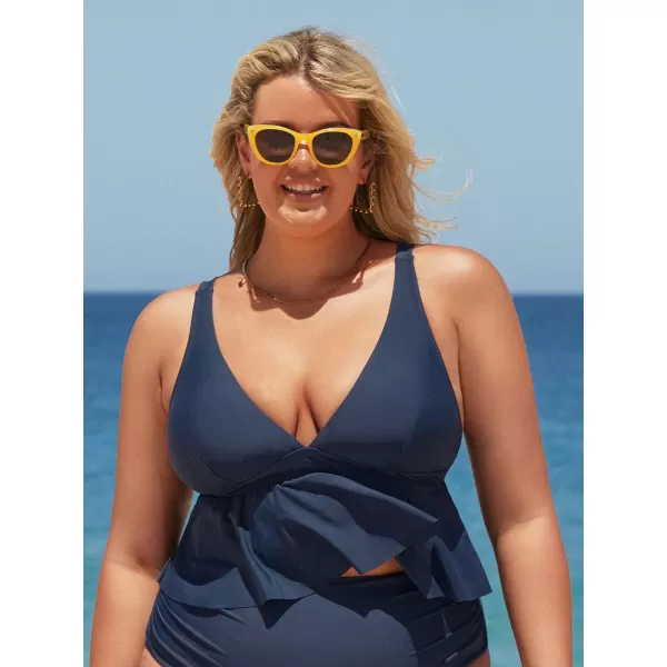 imageCUPSHE Plus Size Swimsuit Women Tankini Top Deep V Neck Ruffle Adjustable Straps Swimwear No BottomNavy