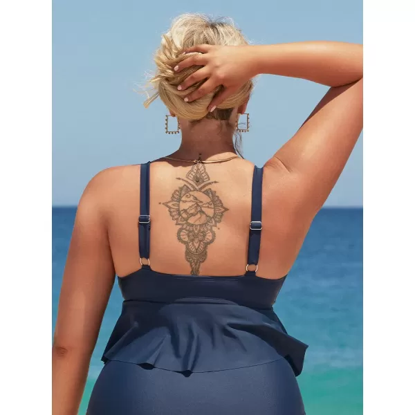 imageCUPSHE Plus Size Swimsuit Women Tankini Top Deep V Neck Ruffle Adjustable Straps Swimwear No BottomNavy