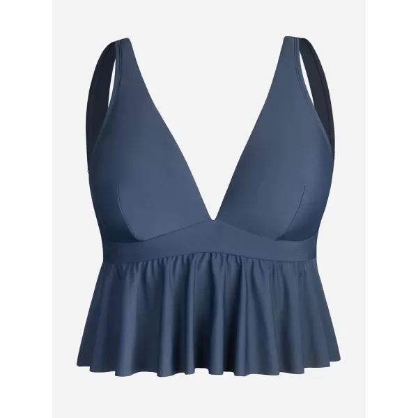 imageCUPSHE Plus Size Swimsuit Women Tankini Top Deep V Neck Ruffle Adjustable Straps Swimwear No BottomNavy