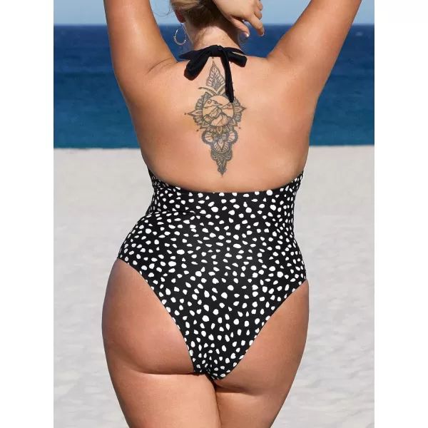 imageCUPSHE Plus Size Swimsuit for Women One Piece Bathing Suit Halter Cutout Strappy Irregular Dots PrintBlack