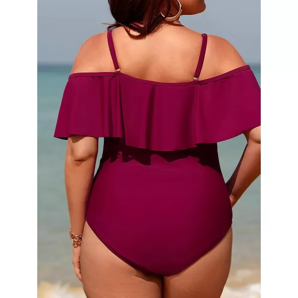 imageCUPSHE Plus Size Swimsuit for Women One Piece Bathing Suit Off Shoulder Ruffle Trim Ruched Tummy Control SwimwearBurgundy Red