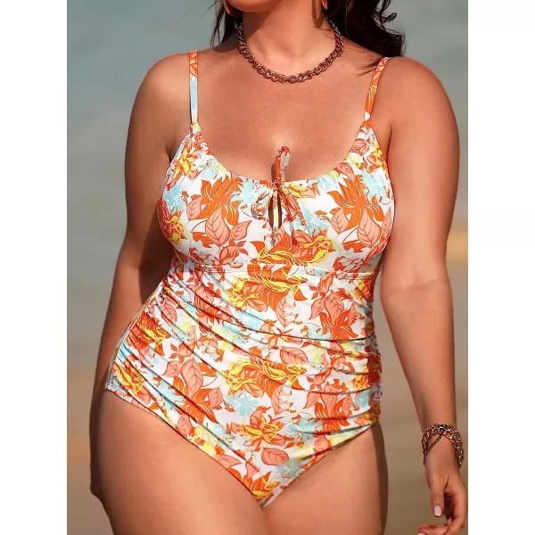imageCUPSHE Plus Size Swimsuit for Women One Piece Bathing Suit Off Shoulder Ruffle Trim Ruched Tummy Control SwimwearOrange Floral Print