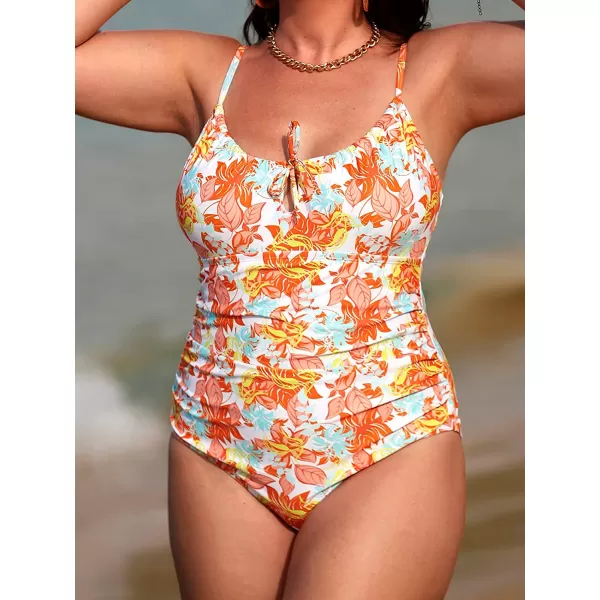 imageCUPSHE Plus Size Swimsuit for Women One Piece Bathing Suit Off Shoulder Ruffle Trim Ruched Tummy Control SwimwearOrange Floral Print