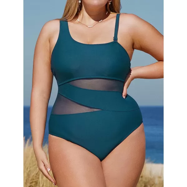 imageCUPSHE Plus Size Swimsuit for Women One Piece Bathing Suit One Shoulder Mesh Removable Straps SwimwearCyan Blue
