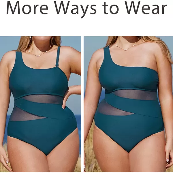 imageCUPSHE Plus Size Swimsuit for Women One Piece Bathing Suit One Shoulder Mesh Removable Straps SwimwearCyan Blue