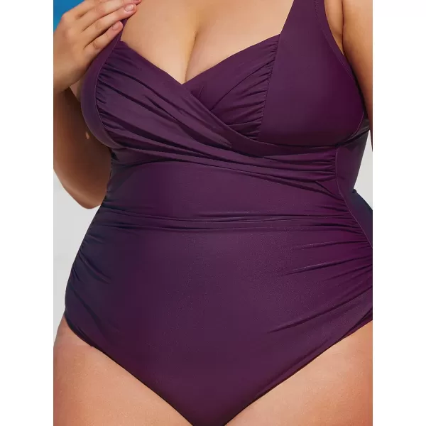 imageCUPSHE Plus Size Swimsuit for Women One Piece Bathing Suit Ruched Tummy Control Floral Adjustable Strap SwimwearDark Purple