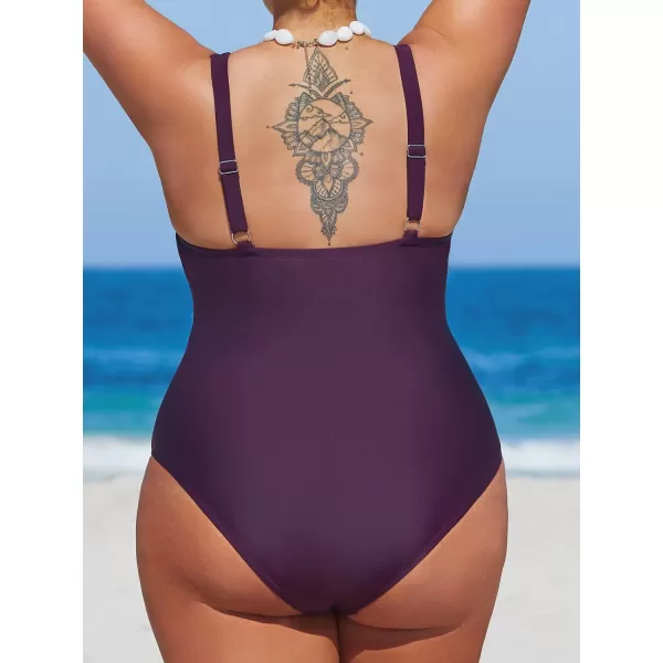 imageCUPSHE Plus Size Swimsuit for Women One Piece Bathing Suit Ruched Tummy Control Floral Adjustable Strap SwimwearDark Purple
