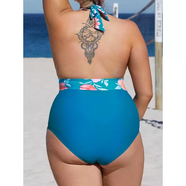 imageCUPSHE Plus Size Swimsuit for Women One Piece Bathing Suit Ruched Tummy Control Halter Back Tie Floral SwimwearBlue and Floral