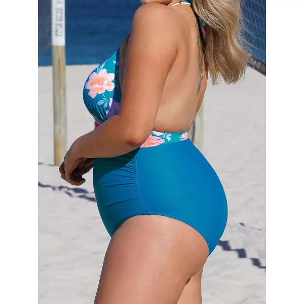imageCUPSHE Plus Size Swimsuit for Women One Piece Bathing Suit Ruched Tummy Control Halter Back Tie Floral SwimwearBlue and Floral