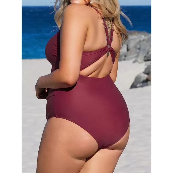 imageCUPSHE Plus Size Swimsuit for Women One Piece Bathing Suit Ruched Tummy Control ORing Cutout Adjustable StrapsWine Red