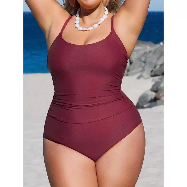 imageCUPSHE Plus Size Swimsuit for Women One Piece Bathing Suit Ruched Tummy Control ORing Cutout Adjustable StrapsWine Red