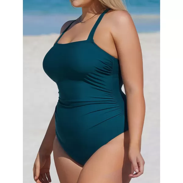 imageCUPSHE Plus Size Swimsuit for Women One Piece Bathing Suit Ruched Tummy Control Strappy Cross BackDark Cyan