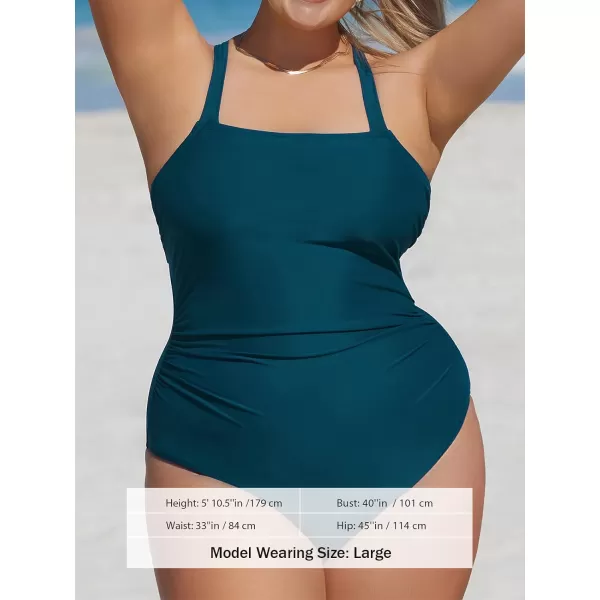 imageCUPSHE Plus Size Swimsuit for Women One Piece Bathing Suit Ruched Tummy Control Strappy Cross BackDark Cyan