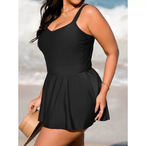 imageCUPSHE Plus Size Swimsuit for Women One Piece Bathing Suit Scoop Neck Ruffled Swim Dress Adjustable StrapsBlack