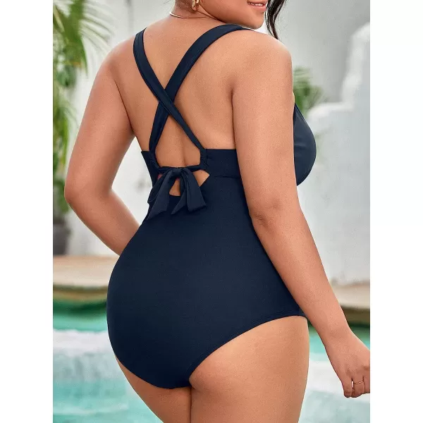 imageCUPSHE Plus Size Swimsuit for Women One Piece Bathing Suit Tummy Control Deep V Neck Ruching Self TieBlack