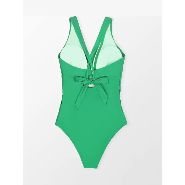 imageCUPSHE Plus Size Swimsuit for Women One Piece Bathing Suit Tummy Control Deep V Neck Ruching Self TieGreen