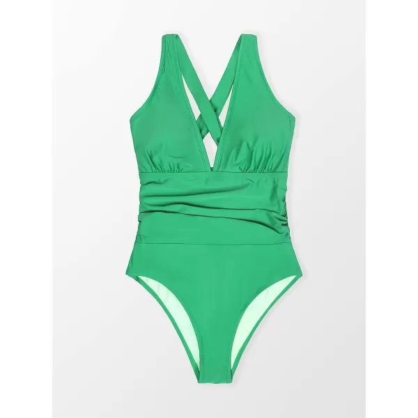 imageCUPSHE Plus Size Swimsuit for Women One Piece Bathing Suit Tummy Control Deep V Neck Ruching Self TieGreen
