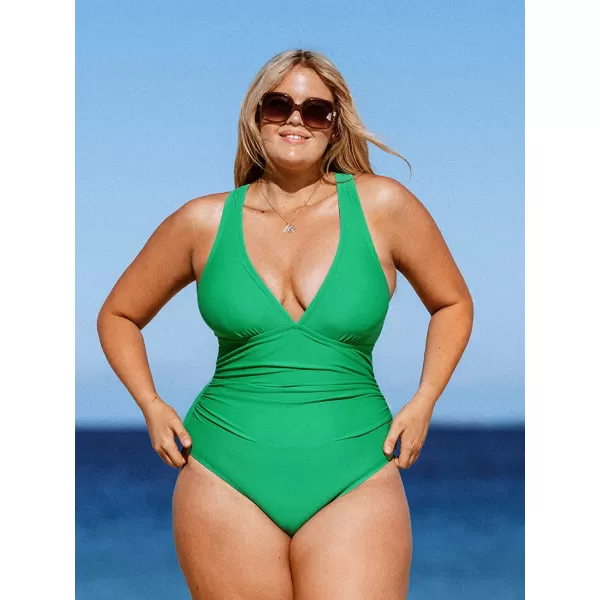 imageCUPSHE Plus Size Swimsuit for Women One Piece Bathing Suit Tummy Control Deep V Neck Ruching Self TieGreen