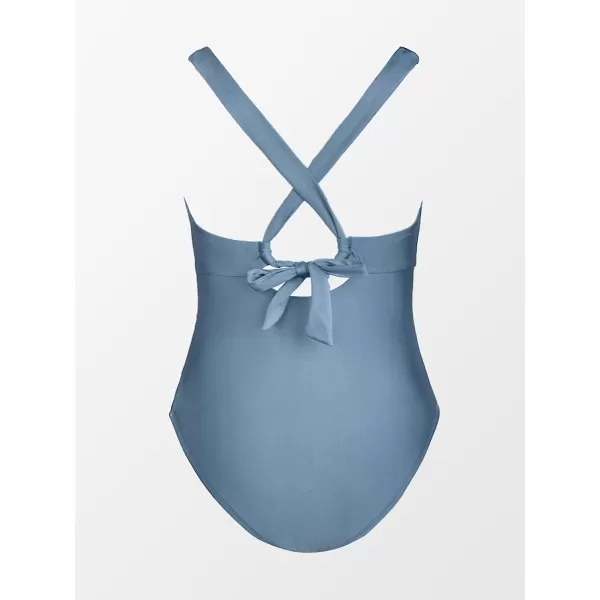 imageCUPSHE Plus Size Swimsuit for Women One Piece Bathing Suit Tummy Control Deep V Neck Ruching Self TieLight Blue