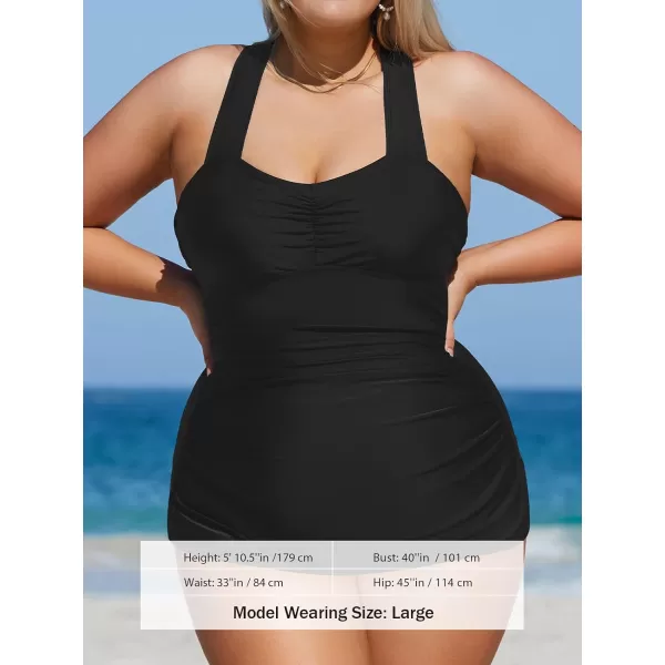 imageCUPSHE Plus Size Swimsuit for Women One Piece Bathing Suit Tummy Control Halter Ruched Full Coverage with Back HookBlack