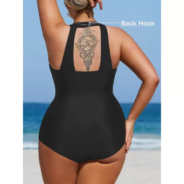imageCUPSHE Plus Size Swimsuit for Women One Piece Bathing Suit Tummy Control Halter Ruched Full Coverage with Back HookBlack