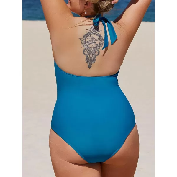 imageCUPSHE Plus Size Swimsuit for Women One Piece Bathing Suit Twisted Ruched Tummy Control Halter Back TieBlue