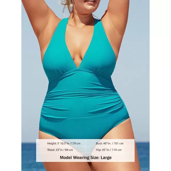 imageCUPSHE Plus Size Swimsuit for Women One Piece Bathing Suit V Neck Ruched Tummy Control Crisscross Strappy SwimwearTeal