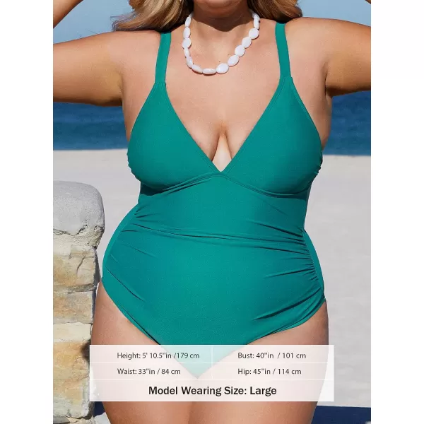 imageCUPSHE Plus Size Swimsuit for Women One Piece Bathing Suit V Neck Ruched Tummy Control SwimwearTeal