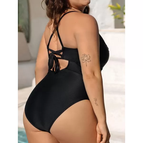 imageCUPSHE Plus Size Swimsuit for Women One Piece Bathing Suits Plunge V Neck Lace Scalloped Strappy Crisscross SwimwearBlack