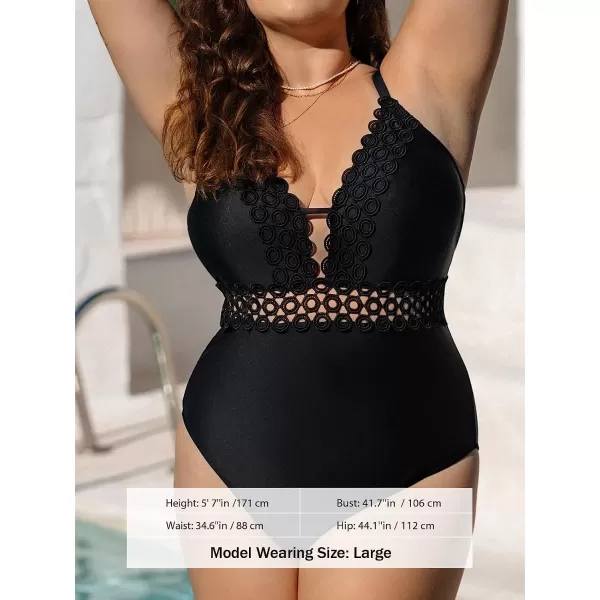 imageCUPSHE Plus Size Swimsuit for Women One Piece Bathing Suits Plunge V Neck Lace Scalloped Strappy Crisscross SwimwearBlack