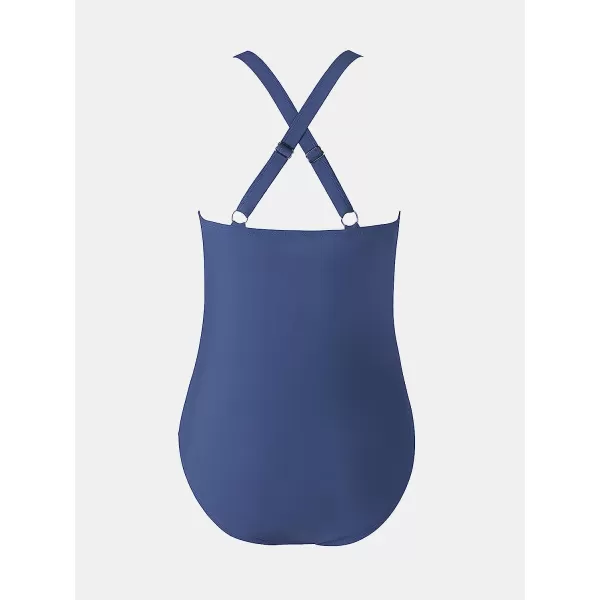 imageCUPSHE Plus Size Swimsuits for Women One Piece Bathing Suit Tummy Control Ruched Crisscross Back Adjustable StrapsNavy Blue