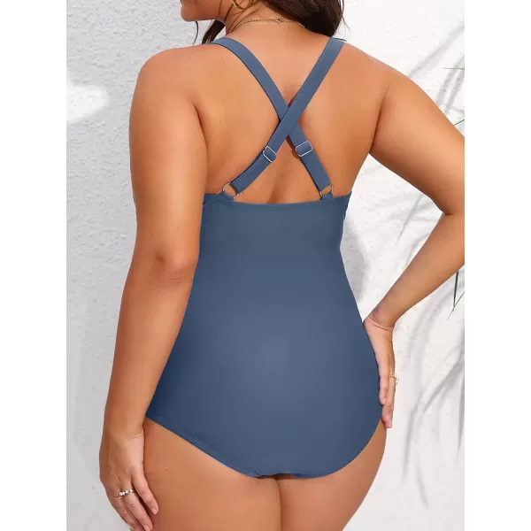 imageCUPSHE Plus Size Swimsuits for Women One Piece Bathing Suit Tummy Control Ruched Crisscross Back Adjustable StrapsNavy Blue