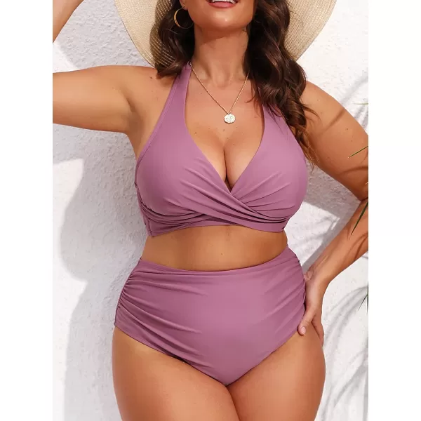 imageCUPSHE Plus Size Swimsuits for Women Two Piece Bathing Suit High Waisted Bikini Ruched Halter Wrap FrontPurple