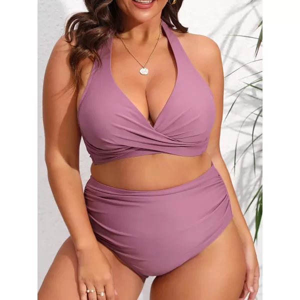 imageCUPSHE Plus Size Swimsuits for Women Two Piece Bathing Suit High Waisted Bikini Ruched Halter Wrap FrontPurple