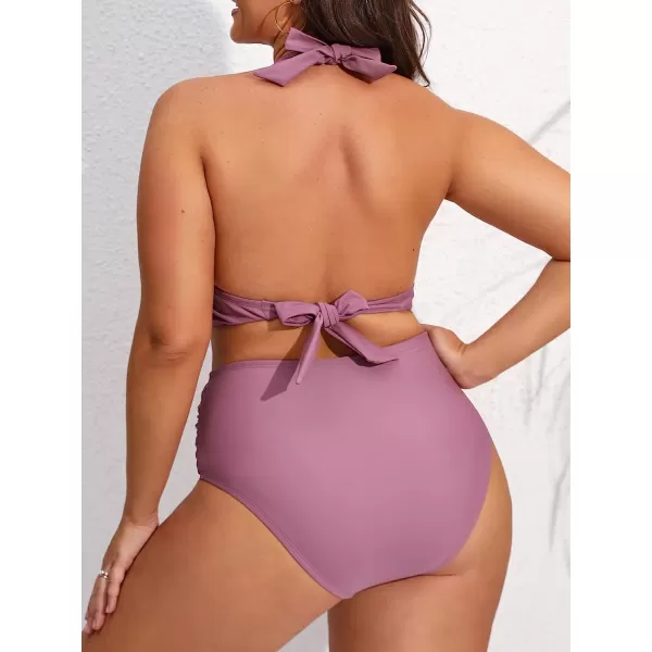 imageCUPSHE Plus Size Swimsuits for Women Two Piece Bathing Suit High Waisted Bikini Ruched Halter Wrap FrontPurple