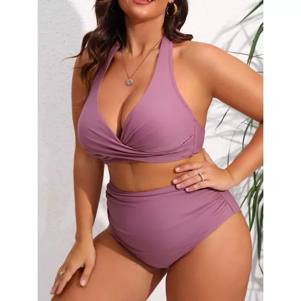 imageCUPSHE Plus Size Swimsuits for Women Two Piece Bathing Suit High Waisted Bikini Ruched Halter Wrap FrontPurple