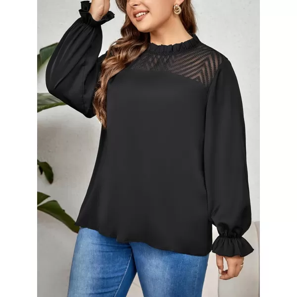 imageCUPSHE Plus Size Tops for Women Casual Loose Blouse Hollow Out Puff Long Sleeve ShirtsBlack