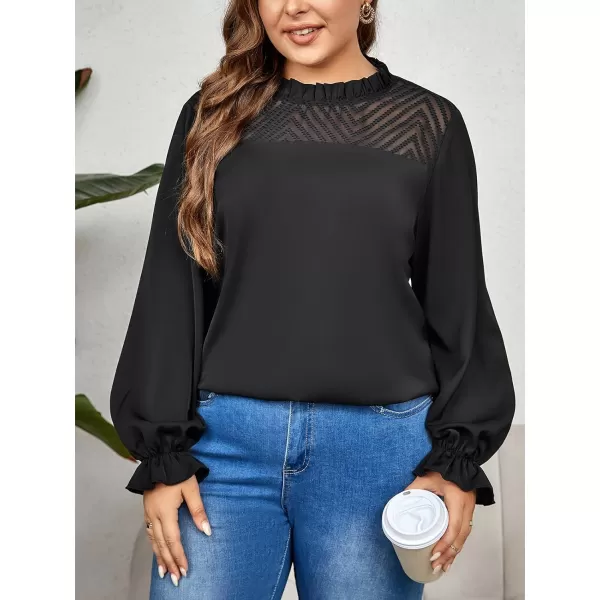 imageCUPSHE Plus Size Tops for Women Casual Loose Blouse Hollow Out Puff Long Sleeve ShirtsBlack