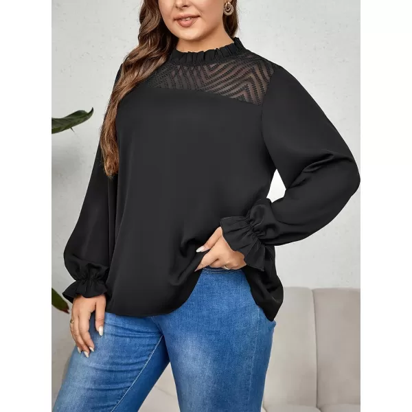 imageCUPSHE Plus Size Tops for Women Casual Loose Blouse Hollow Out Puff Long Sleeve ShirtsBlack