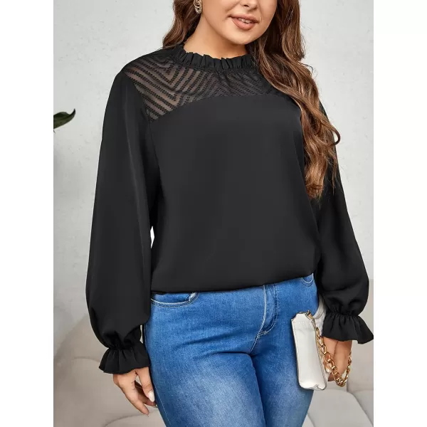 imageCUPSHE Plus Size Tops for Women Casual Loose Blouse Hollow Out Puff Long Sleeve ShirtsBlack