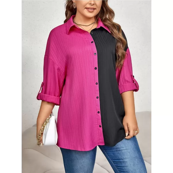 imageCUPSHE Plus Size Tops for Women Long Sleeve Loose Blouse Button Down Shirts Color Block Casual TunicsBlack  Rose Red