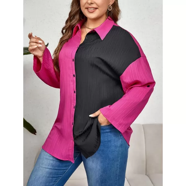 imageCUPSHE Plus Size Tops for Women Long Sleeve Loose Blouse Button Down Shirts Color Block Casual TunicsBlack  Rose Red