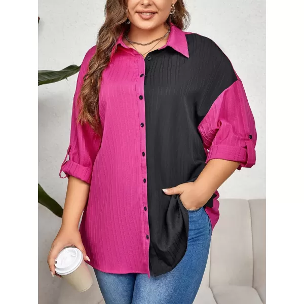 imageCUPSHE Plus Size Tops for Women Long Sleeve Loose Blouse Button Down Shirts Color Block Casual TunicsBlack  Rose Red