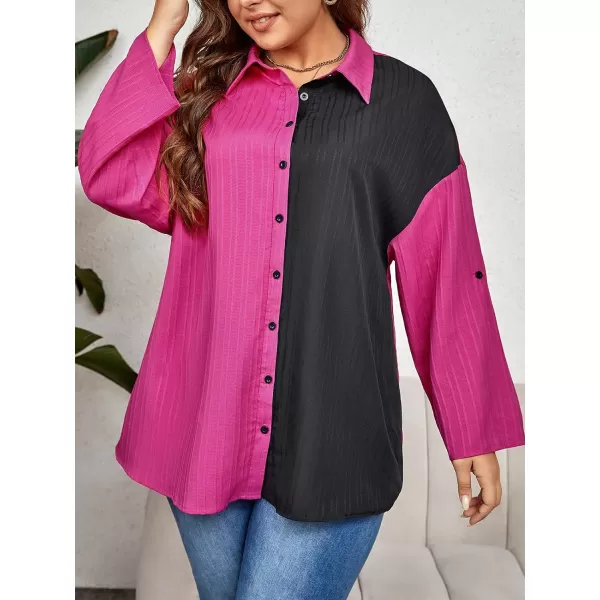 imageCUPSHE Plus Size Tops for Women Long Sleeve Loose Blouse Button Down Shirts Color Block Casual TunicsBlack  Rose Red