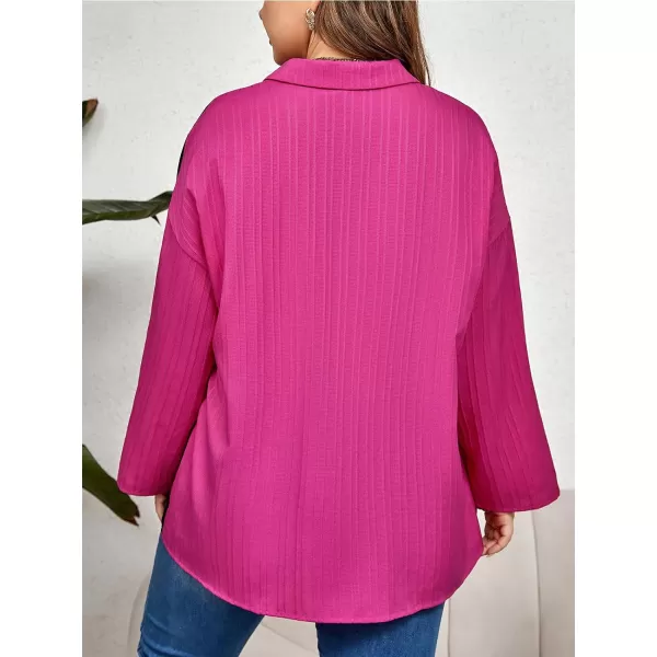 imageCUPSHE Plus Size Tops for Women Long Sleeve Loose Blouse Button Down Shirts Color Block Casual TunicsBlack  Rose Red