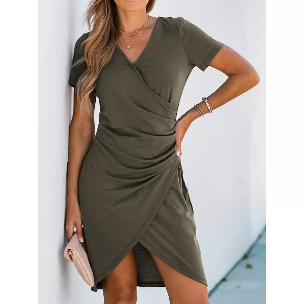 imageCUPSHE Ruched Wrap Mini Dress Short Sleeves V Neck Dresses Casual SummerGrey