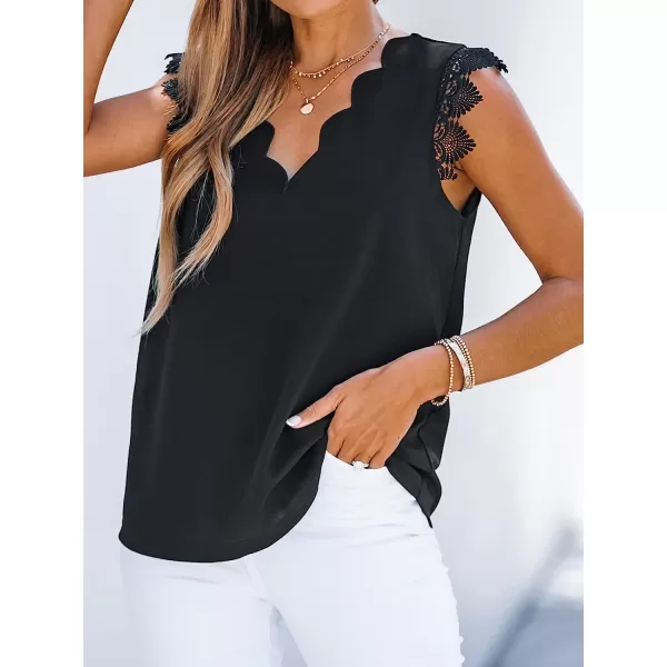 imageCUPSHE Scalloped VNeck Top Sleeveless Tank Shirts Lace Shirts CasualBlack