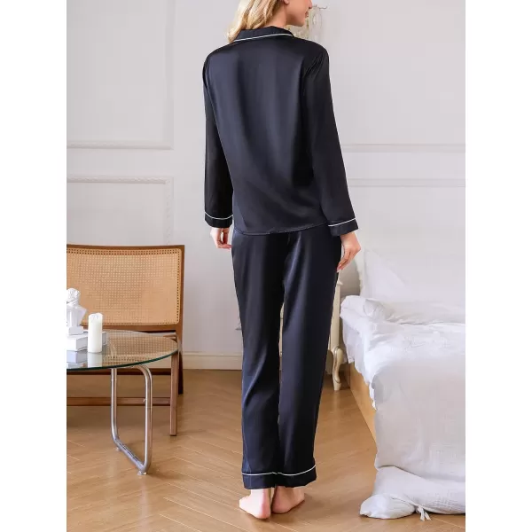 imageCUPSHE Silk Pajamas for Women Satin Sleepwear Long Sleeve Loungewear Silky Button Down Pjs SetBlack